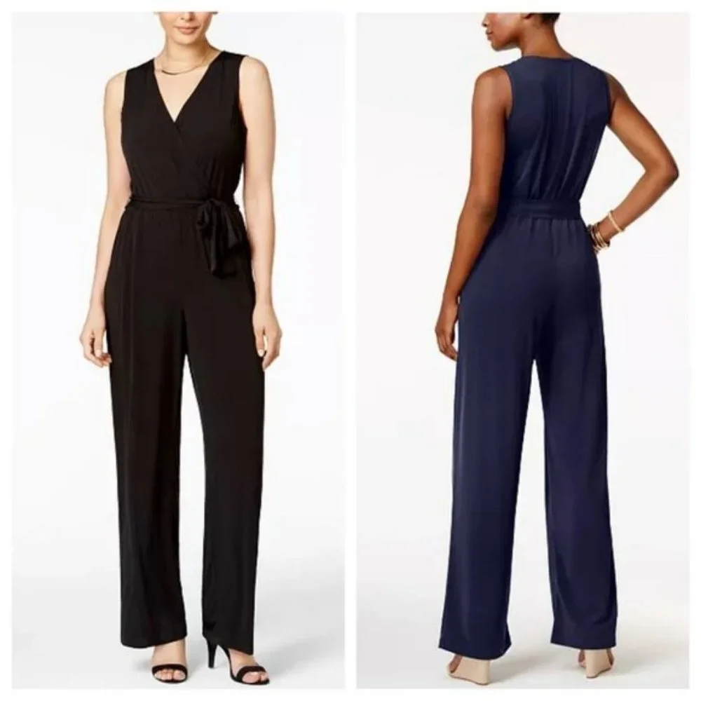 NY Collection women PM black surplice belted wide-leg jumpsuit sleeveless. - Picture 1 of 2
